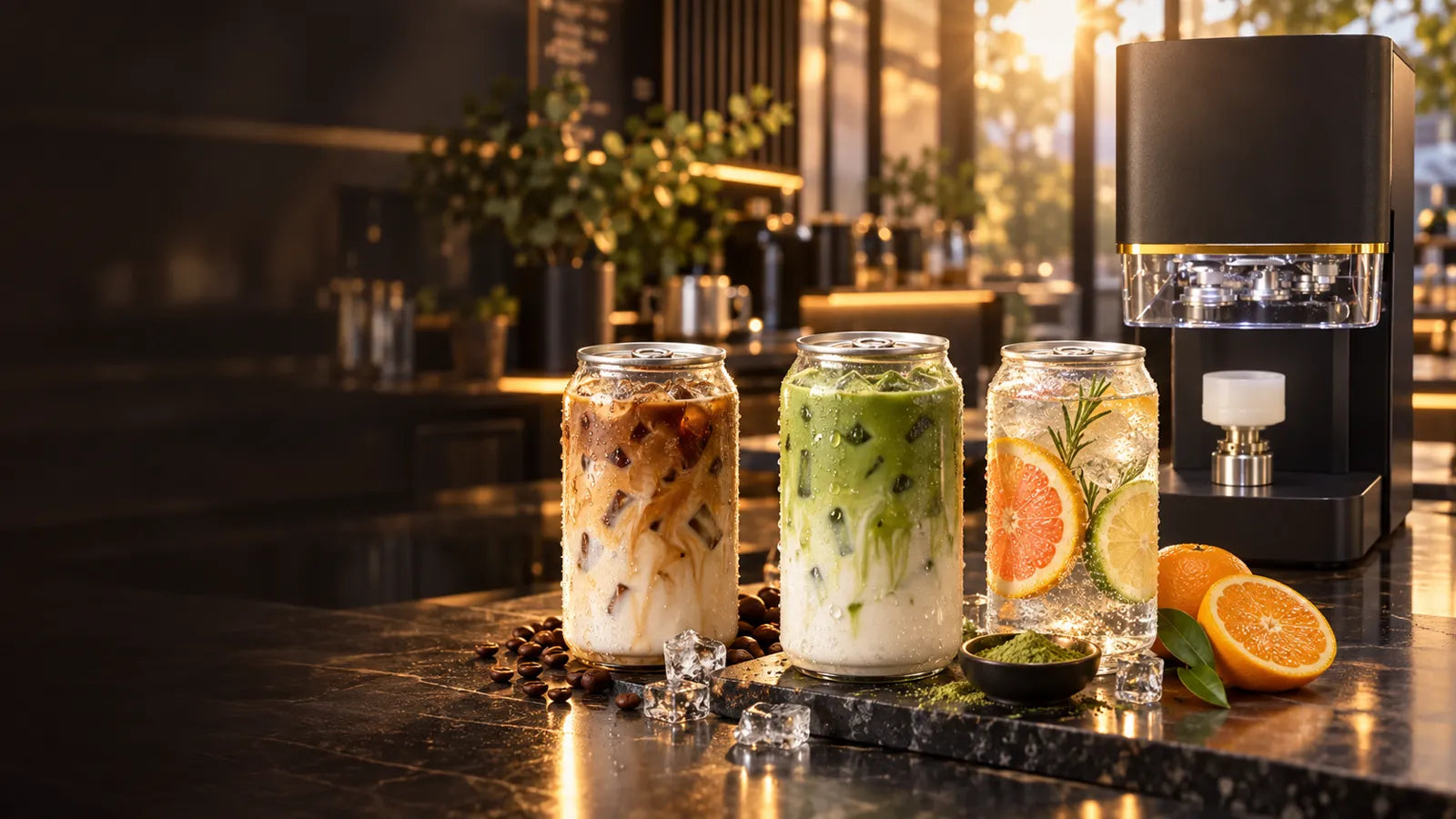 Iced latte, iced matcha and citrus drinks in clear takeaway cans beside a can sealer