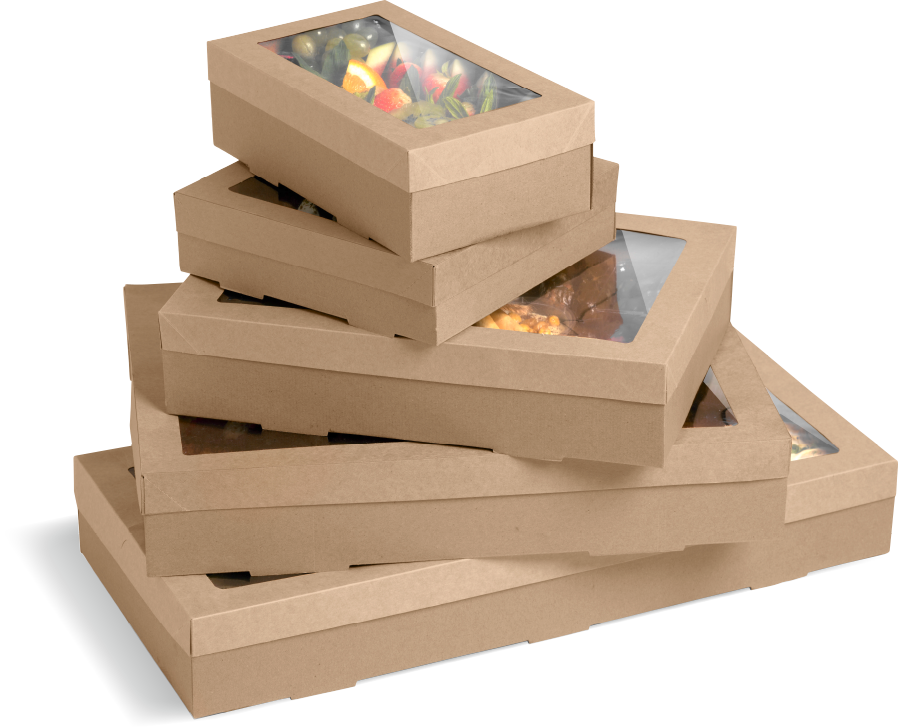 Kraft catering boxes with clear windows displaying prepared food